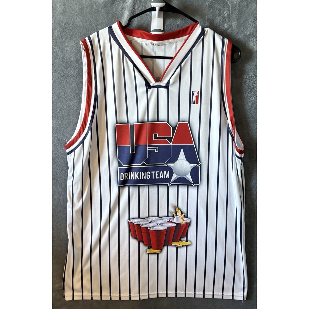 USA Drinking Team Beer Pong Jersey Pinstripe America 1 Red White Blue XL